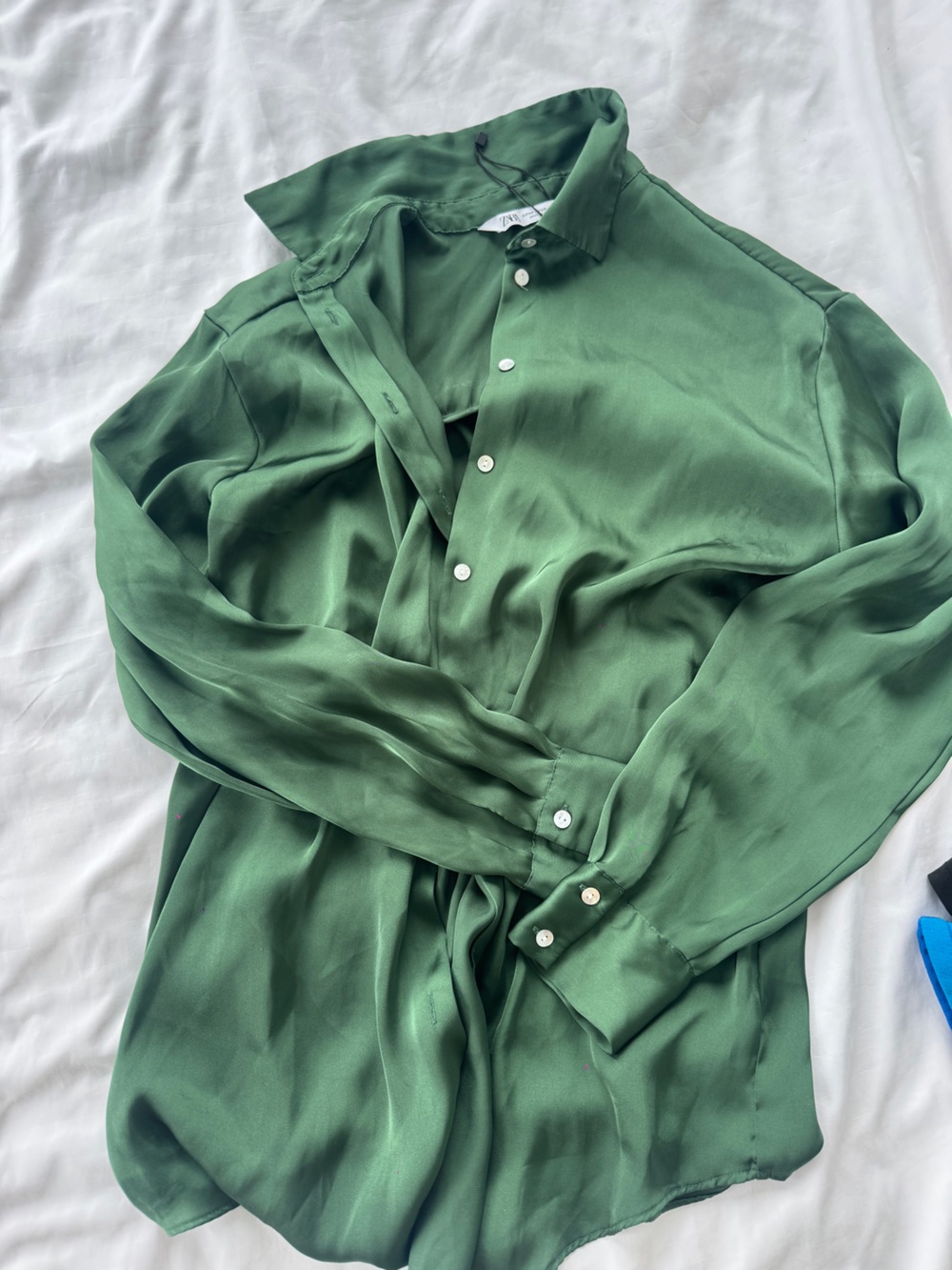Zara Olive Green Satin Button-Down Blouse